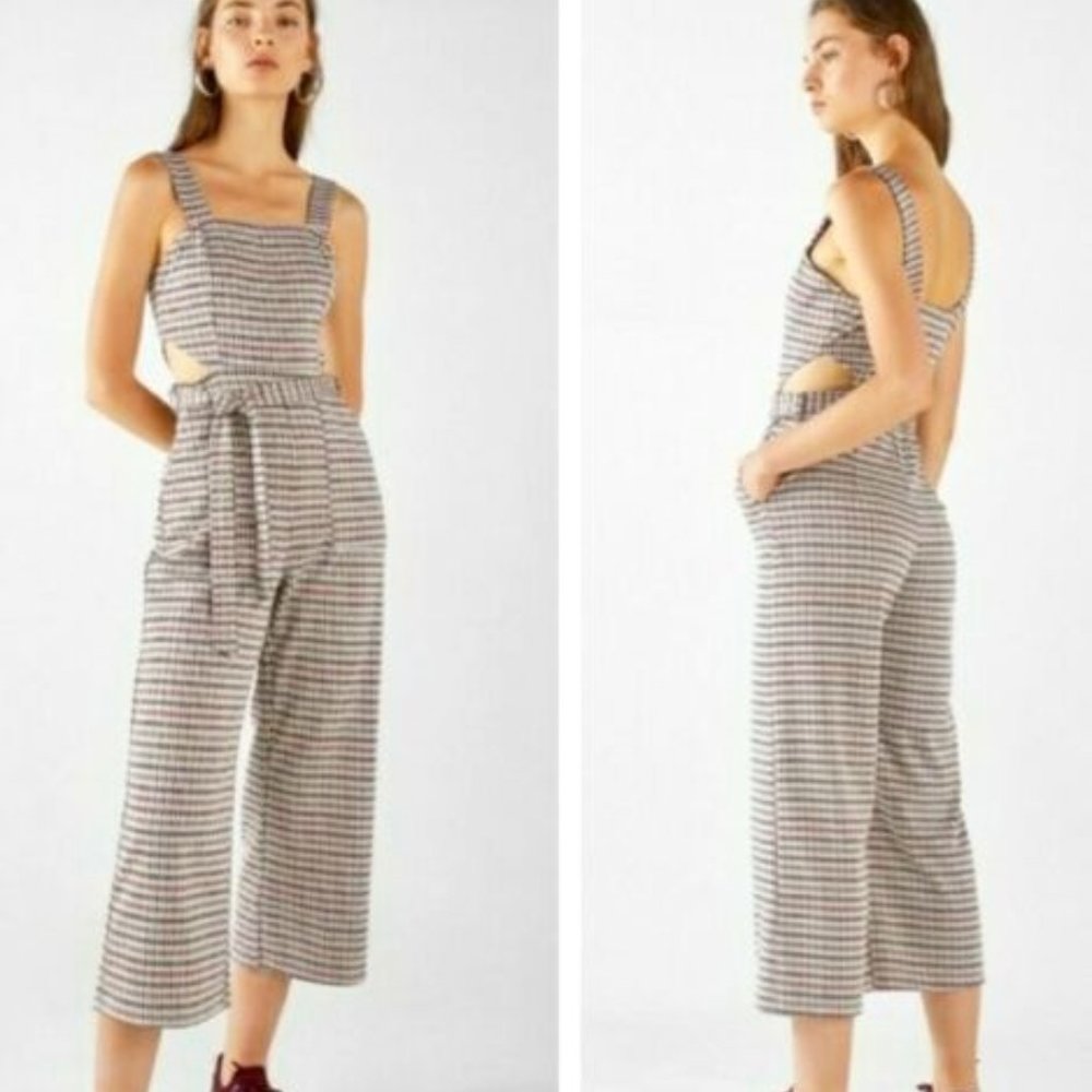 Bershka tan cutout jumpsuit checkered